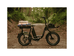A black ebike on a dirt trail in a forest with a small basket on the front and wood and a blanket tied to the rear passenger seat.