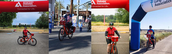 Four photos of Anita Elder posing with her Rad electric bike after charity rides.