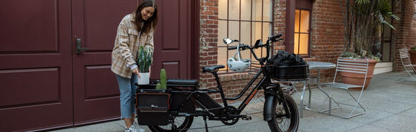 A woman loads a RadWagon 5 with a cactus and plant.