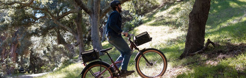 A man rides a Radster Trail uphill in a sunny, woodsy setting.