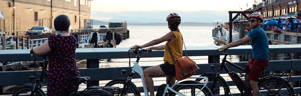 Riders on their RadCity ebikes cross a bridge.