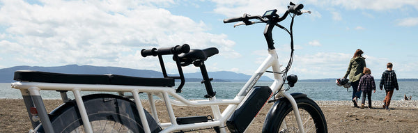 A RadWagon electric cargo bike alongside a woman walking with her children by the waterfront.