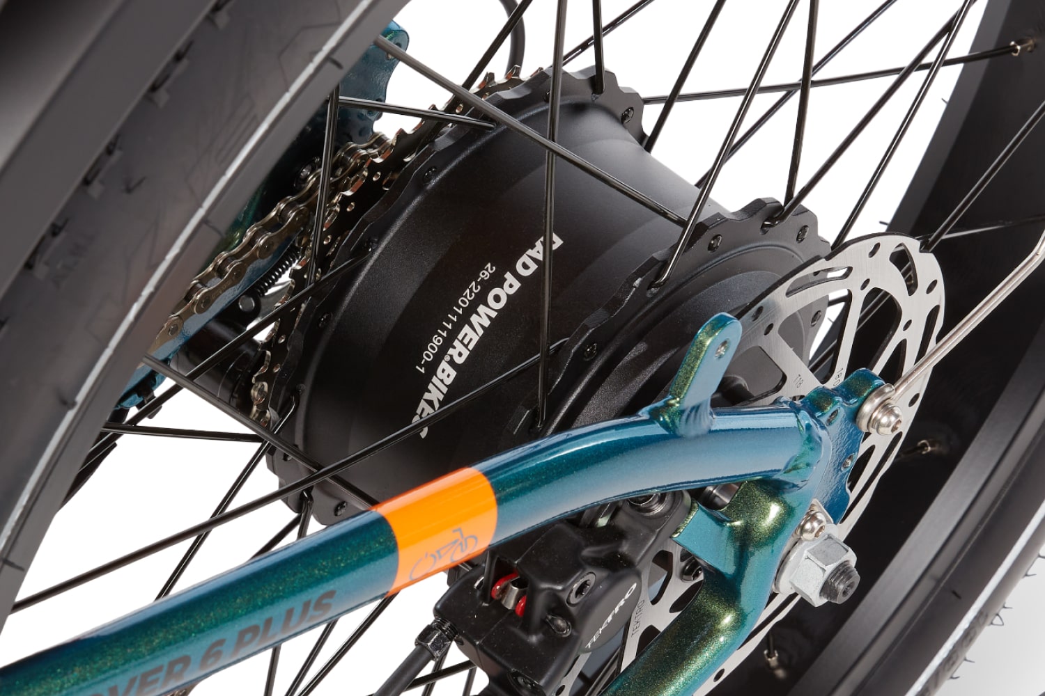 Side view of a green RadRover 6 Plus step-thru electric fat tire bike