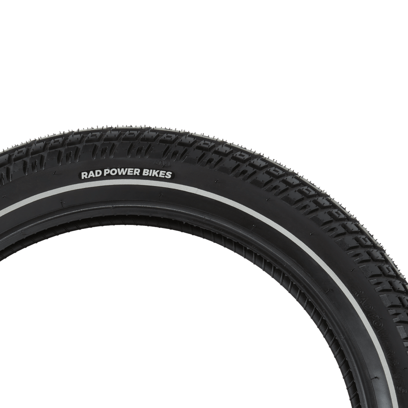 Ebike tire, 20" x 33" size, zoomed in to show Rad Power Bikes logo