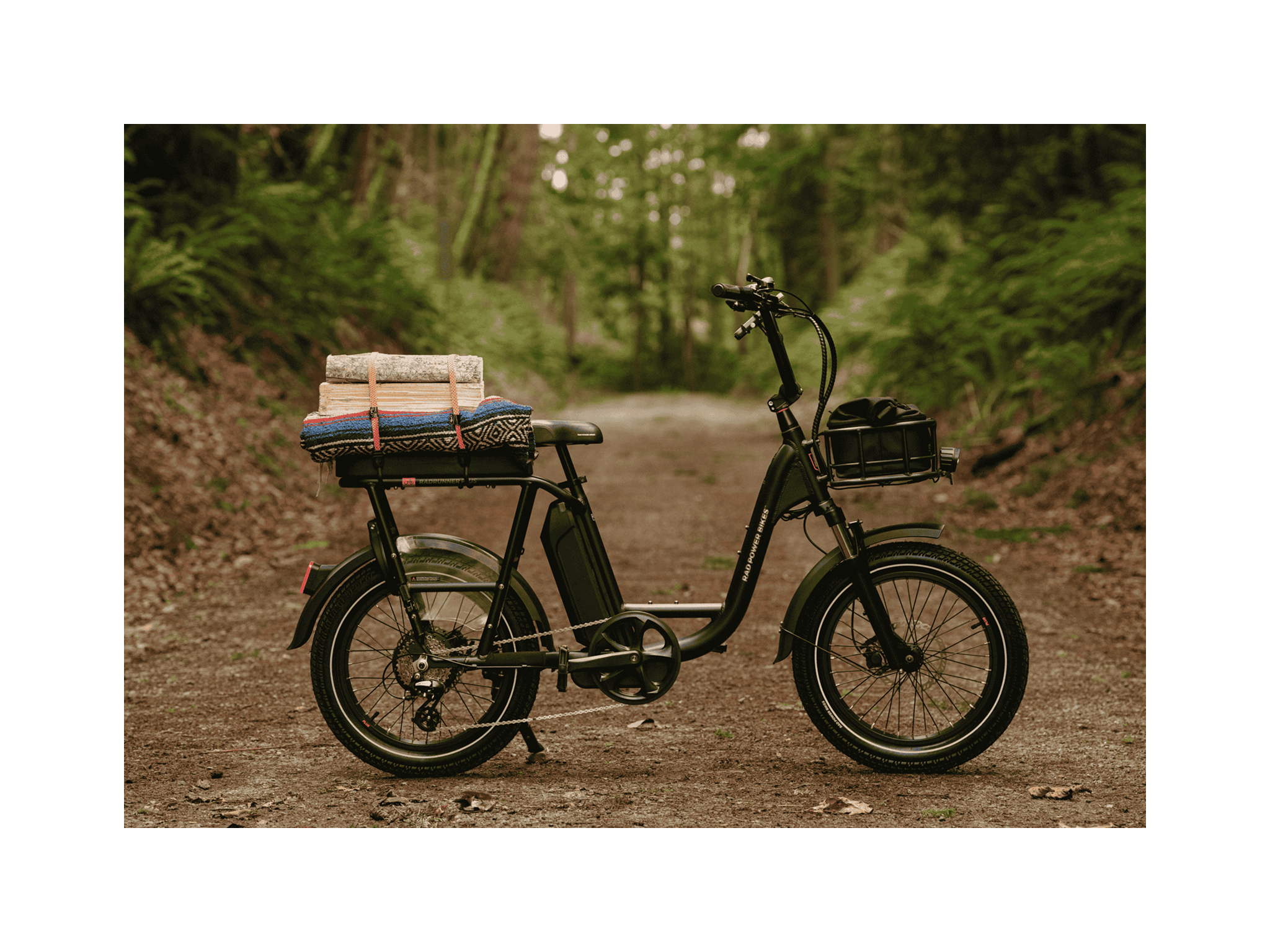 A black ebike on a dirt trail in a forest with a small basket on the front and wood and a blanket tied to the rear passenger seat. 