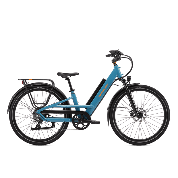 Right side view of a Radster Road electric commuter bike, size regular in bay blue