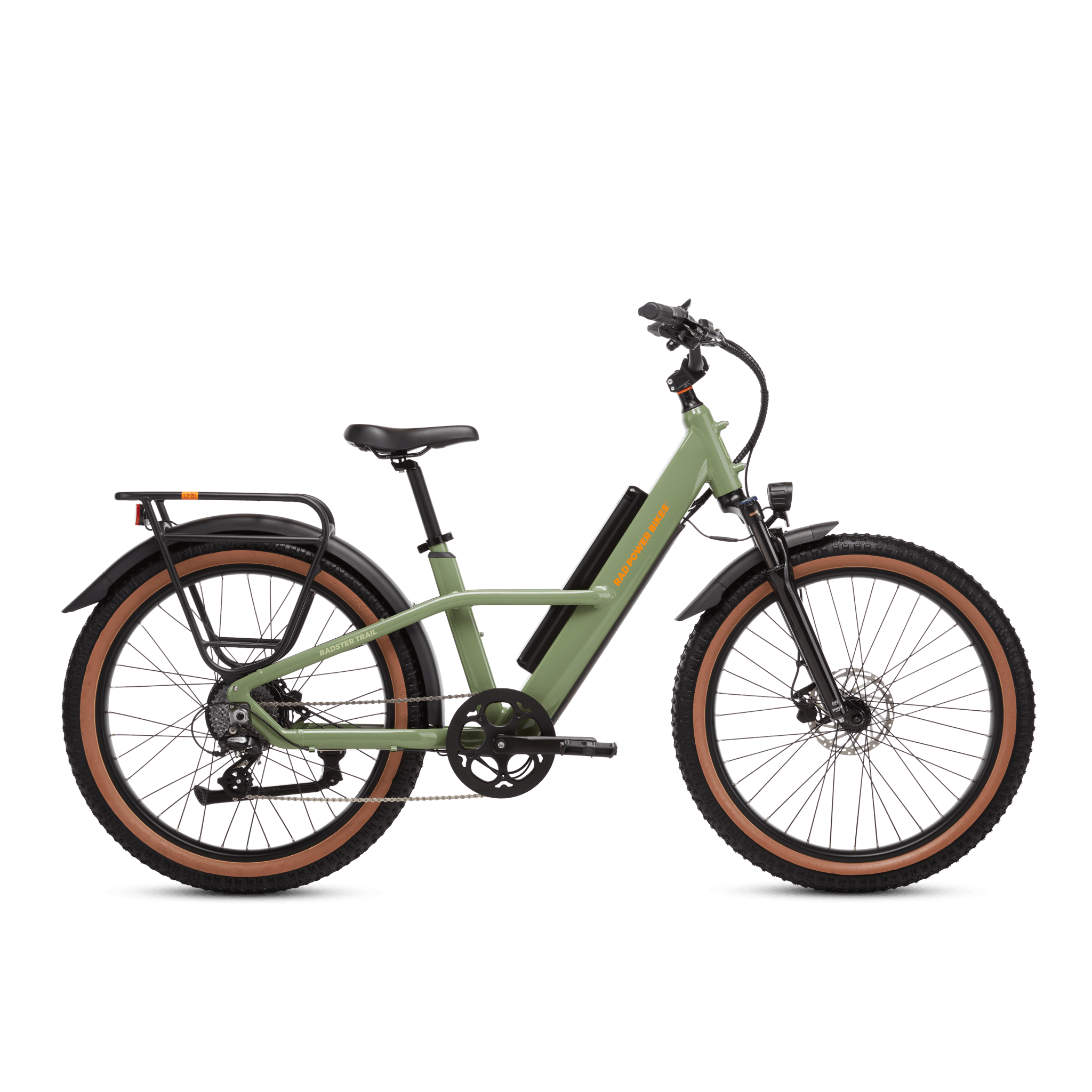 Right side view of a Radster Trail electric commuter bike, size large in fir green