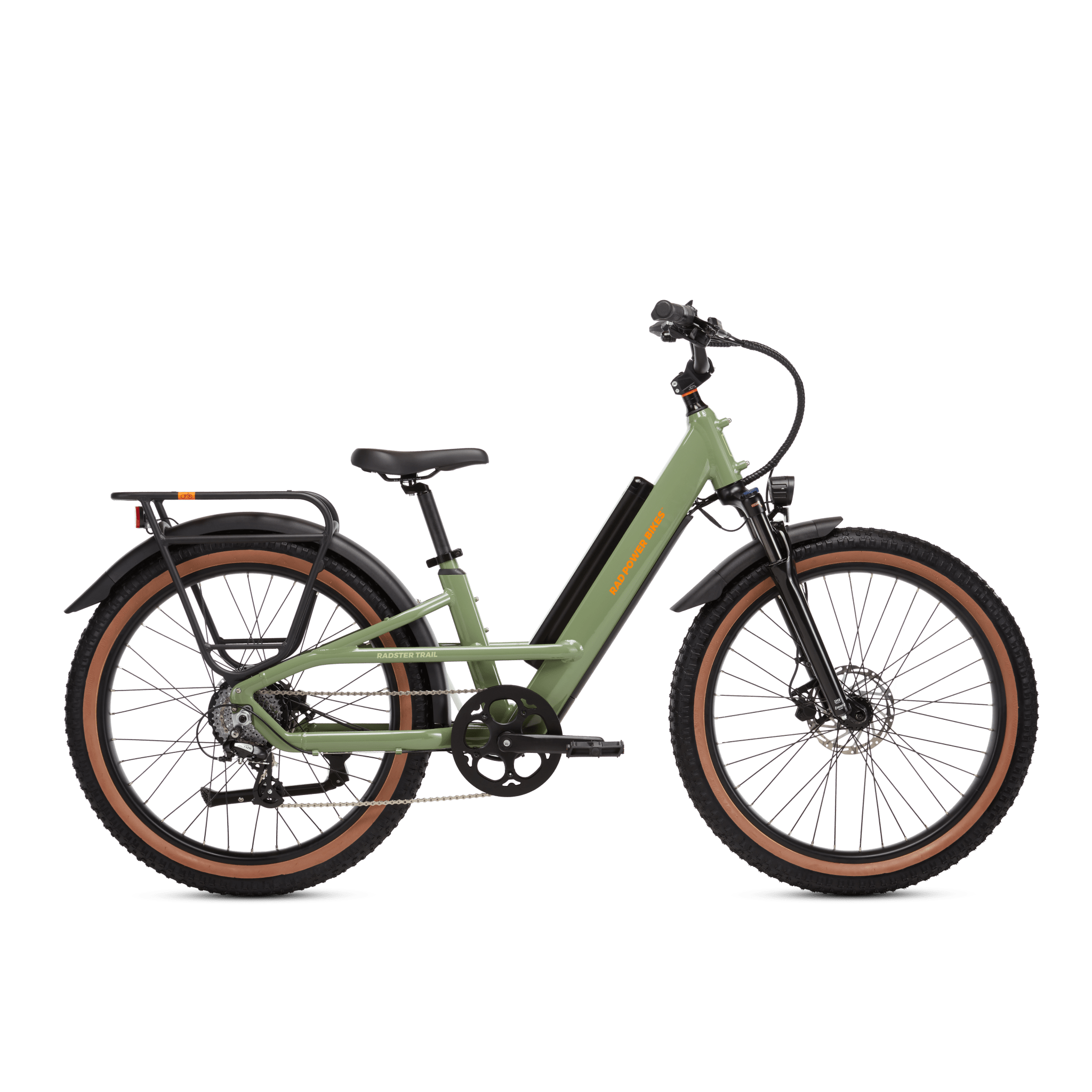 Right side view of a Radster Trail electric commuter bike, size regular in fir green