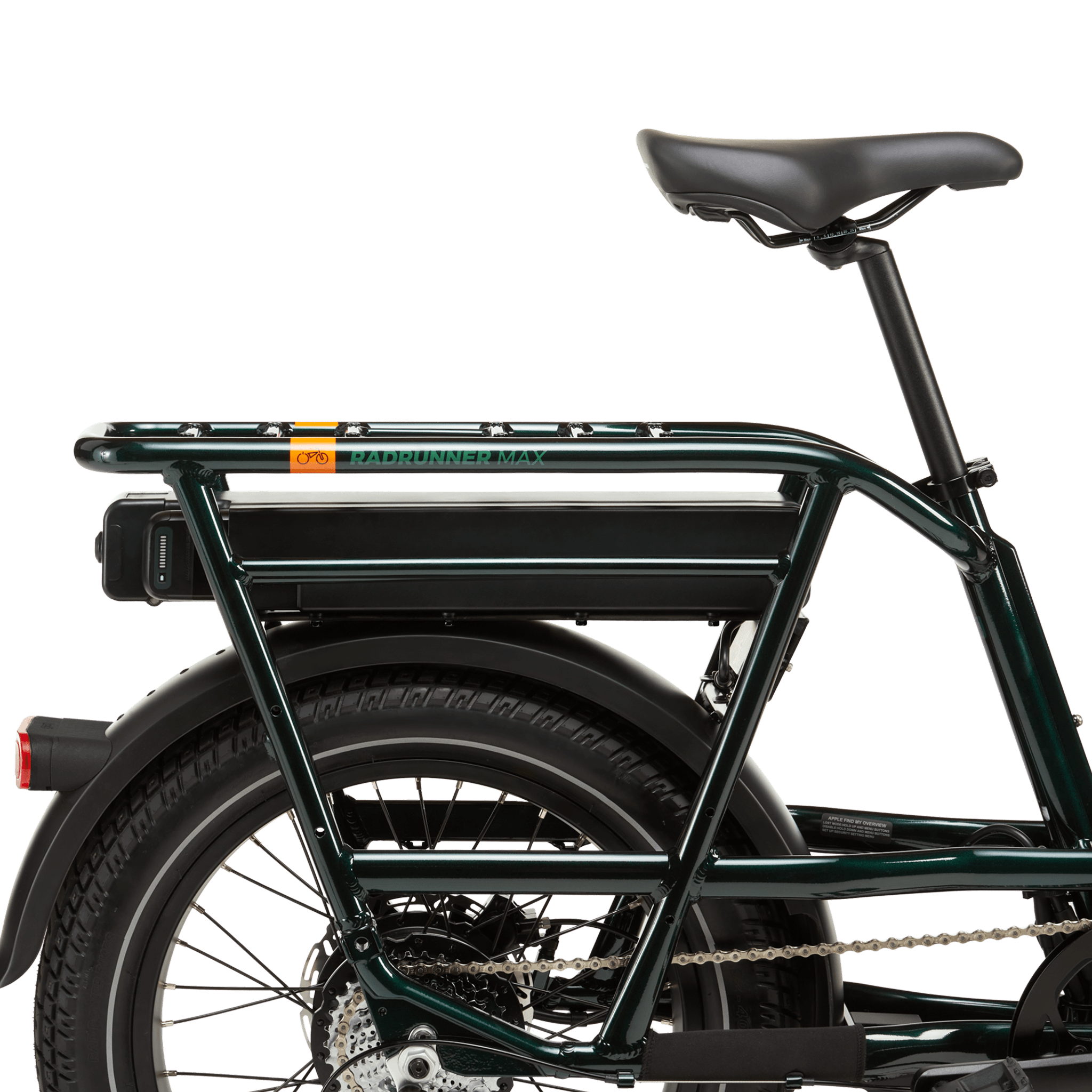 The right side of a green bike with a range extender under the rear rack. 