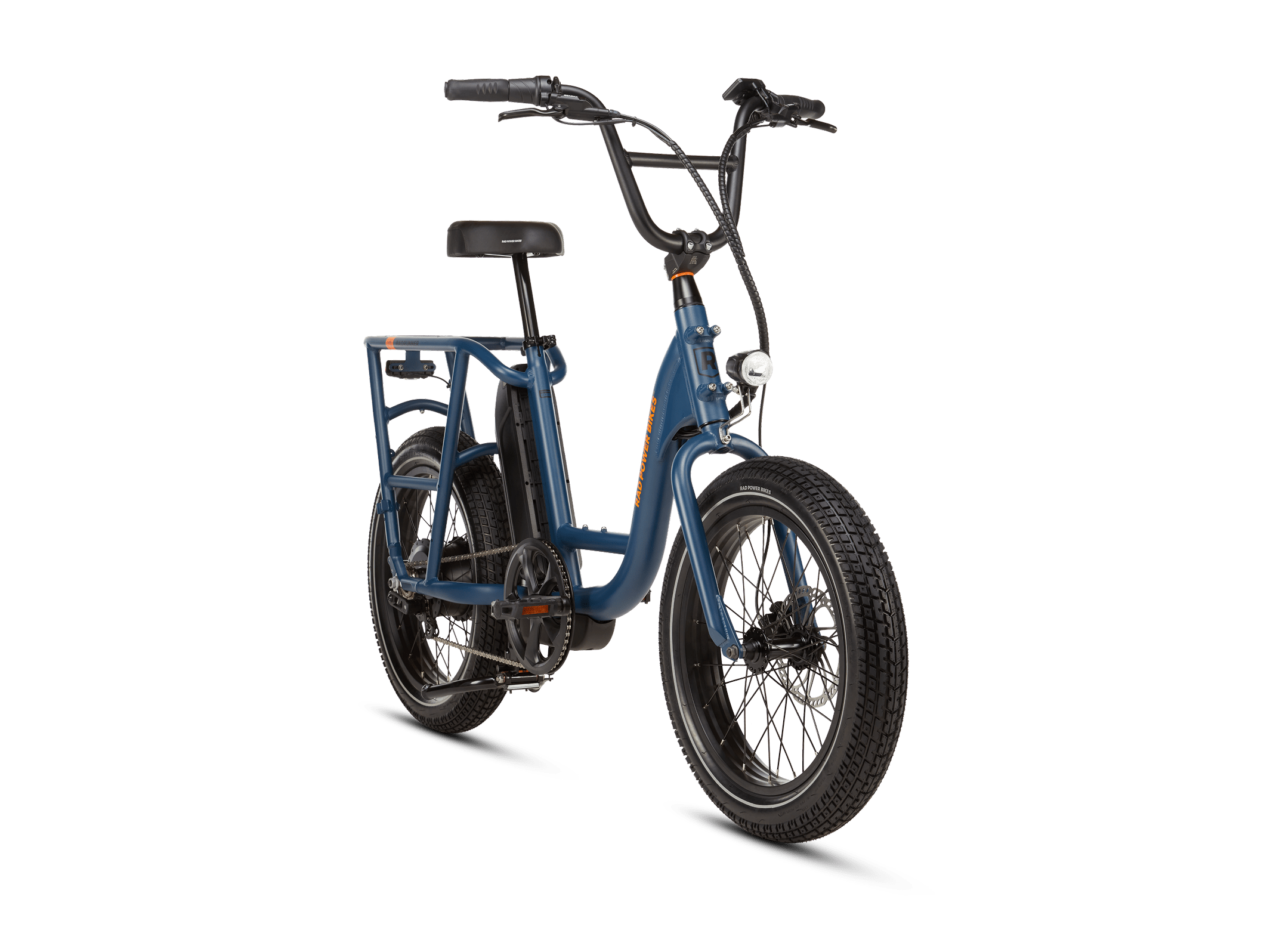Right angle of a blue RadRunner electric cargo utility bike on a white background.