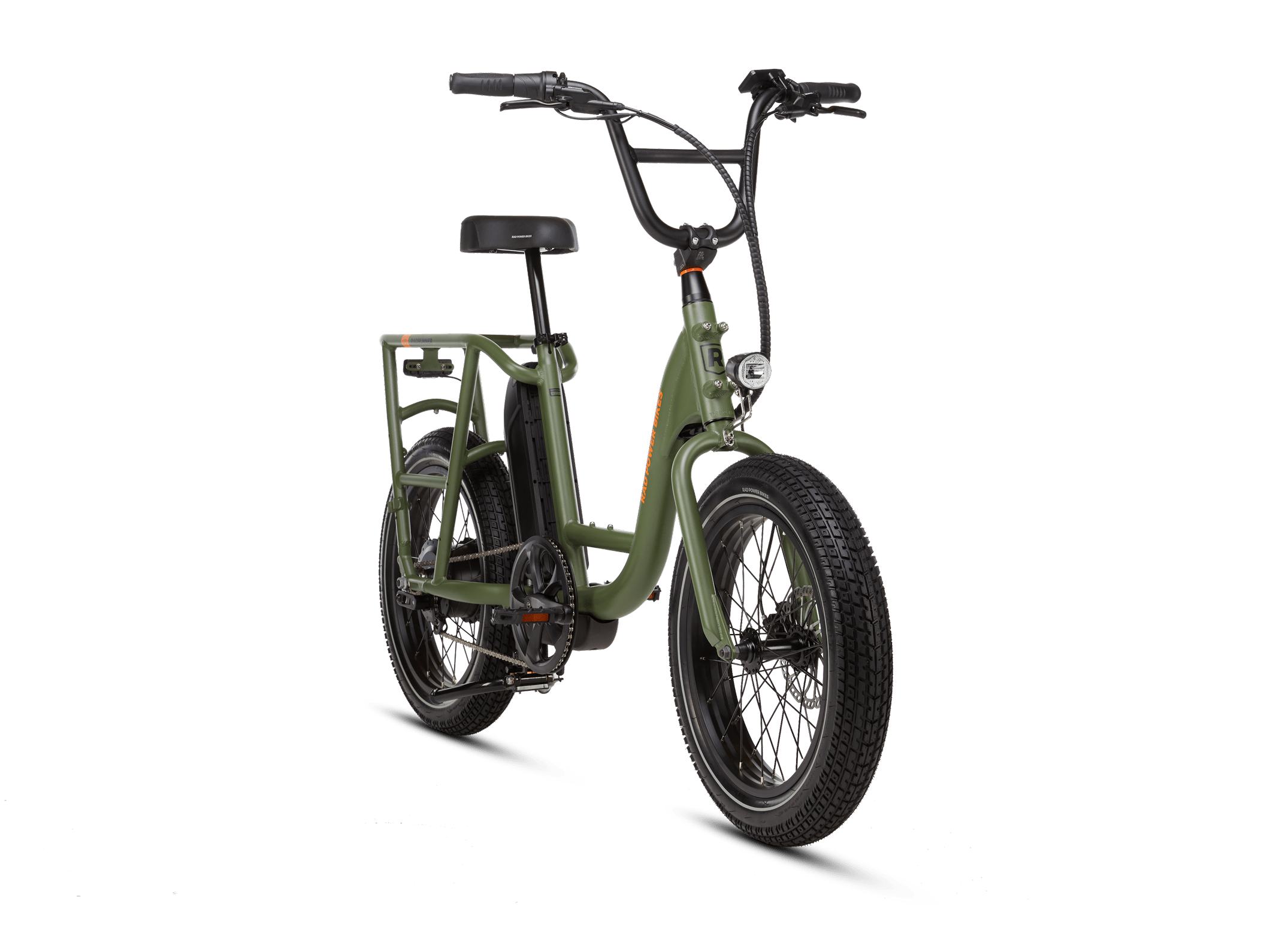 Right angle of a green RadRunner electric cargo utility bike on a white background.