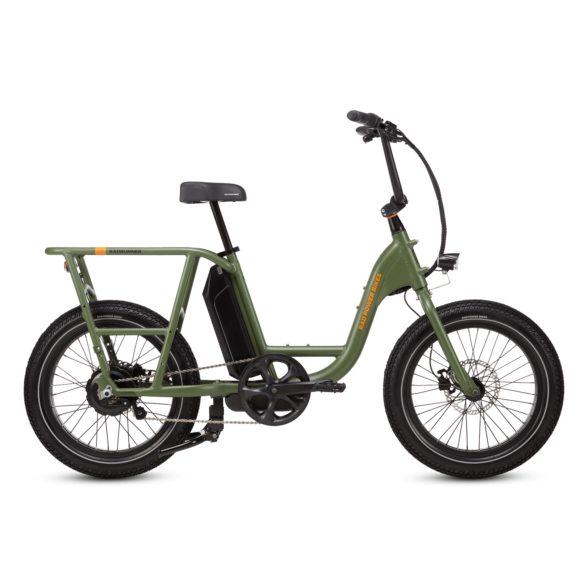 Right side of a green RadRunner cargo utility ebike on a white background.