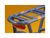 A blue electric bike rack and red taillight against a gold background.