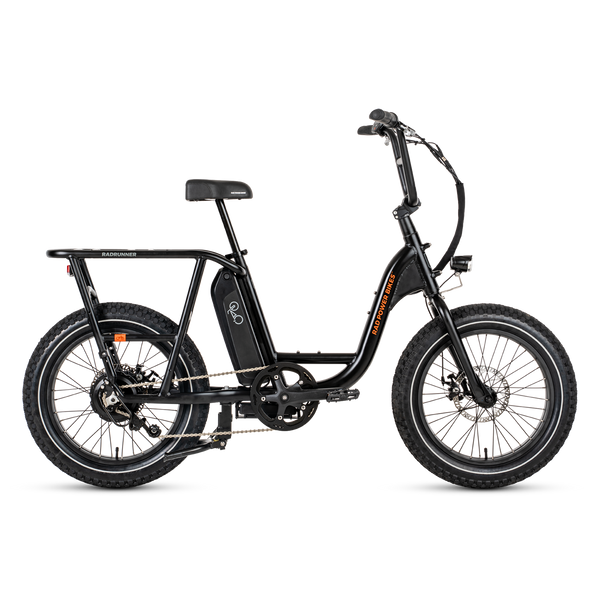 Side view of a black RadRunner 2 electric utility bike