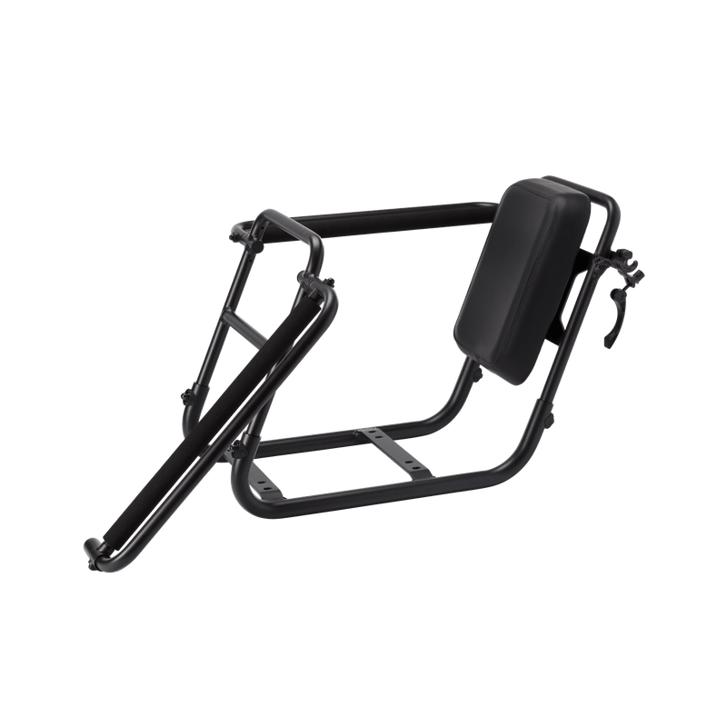 Metal frame with a padded backrest that allows smaller passengers to ride securely on the back of a RadRunner ebike. The armrest can be opened to make it easier to load and unload a passenger.