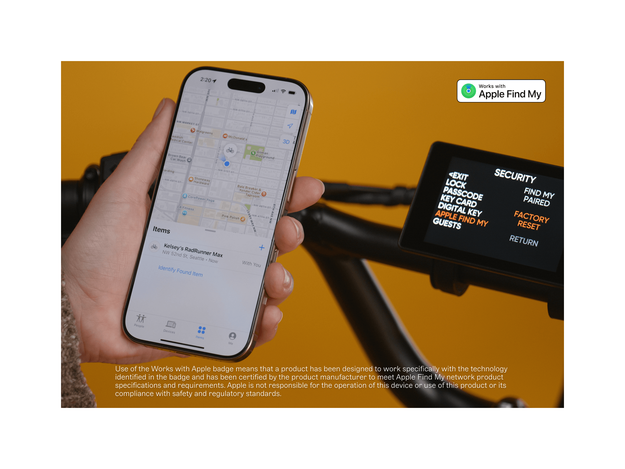 A hand holding a cell phone showing a map close to the display on a green ebike. 