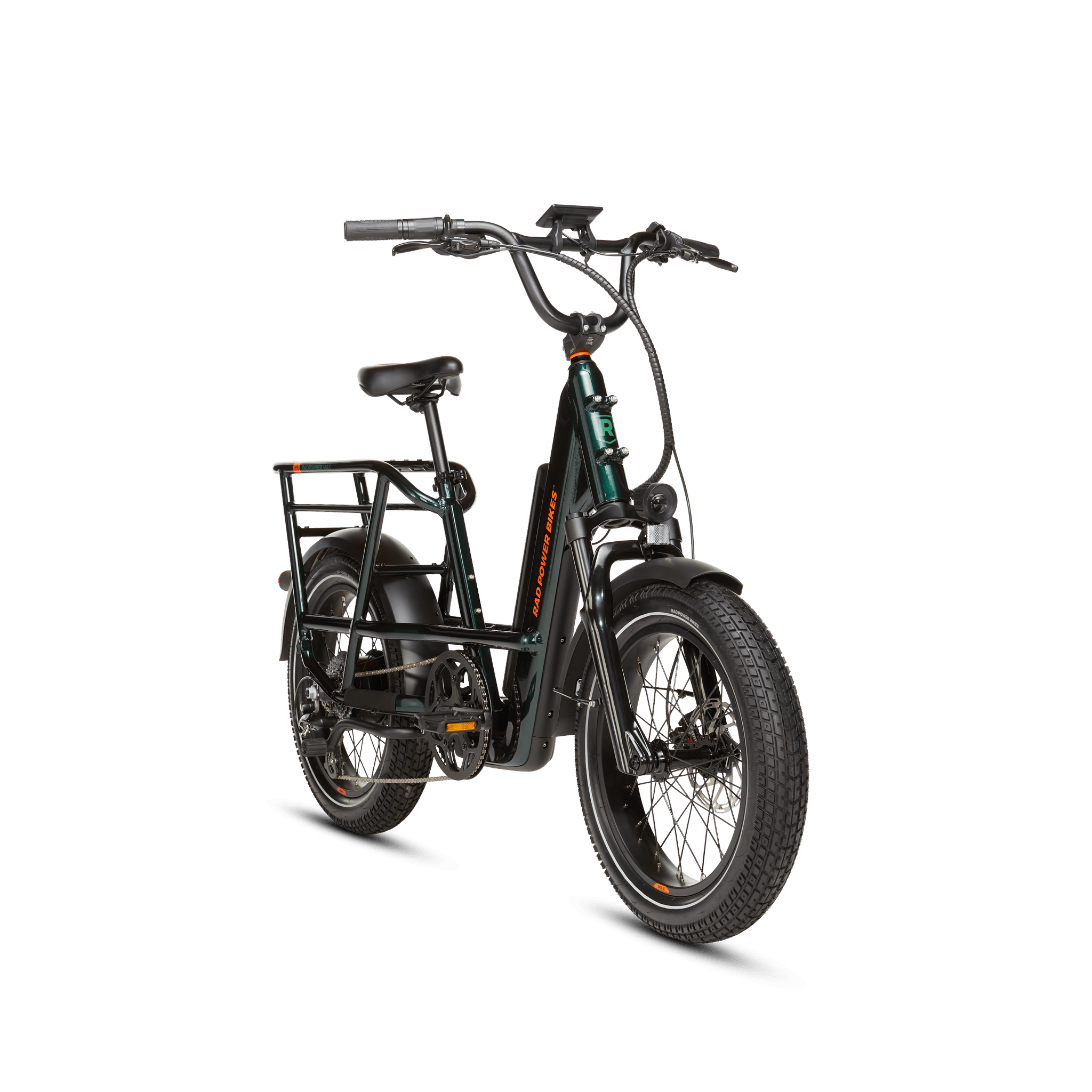 Right angle of a deep emerald green RadRunner electric cargo utility bike on a white background.