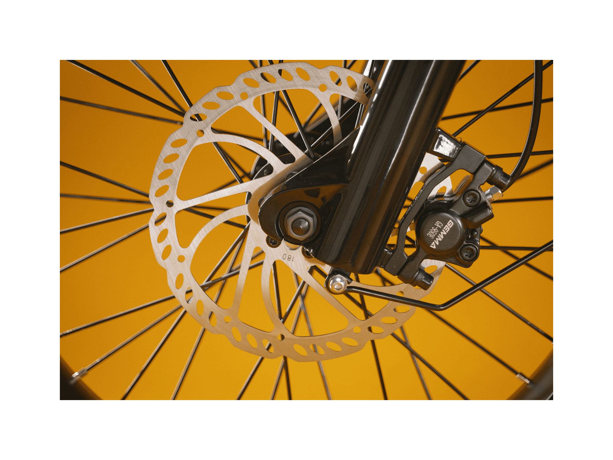 Close up shot of a wheel with spokes and metal brake rotor.