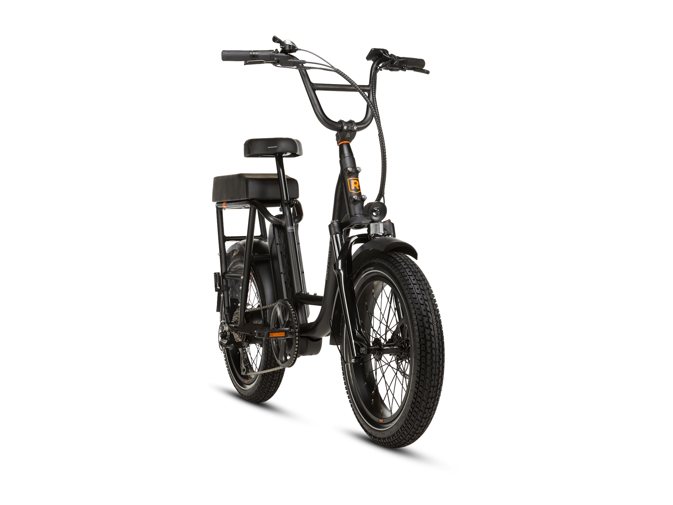 Right angle of a matte black RadRunner electric cargo utility bike on a white background.
