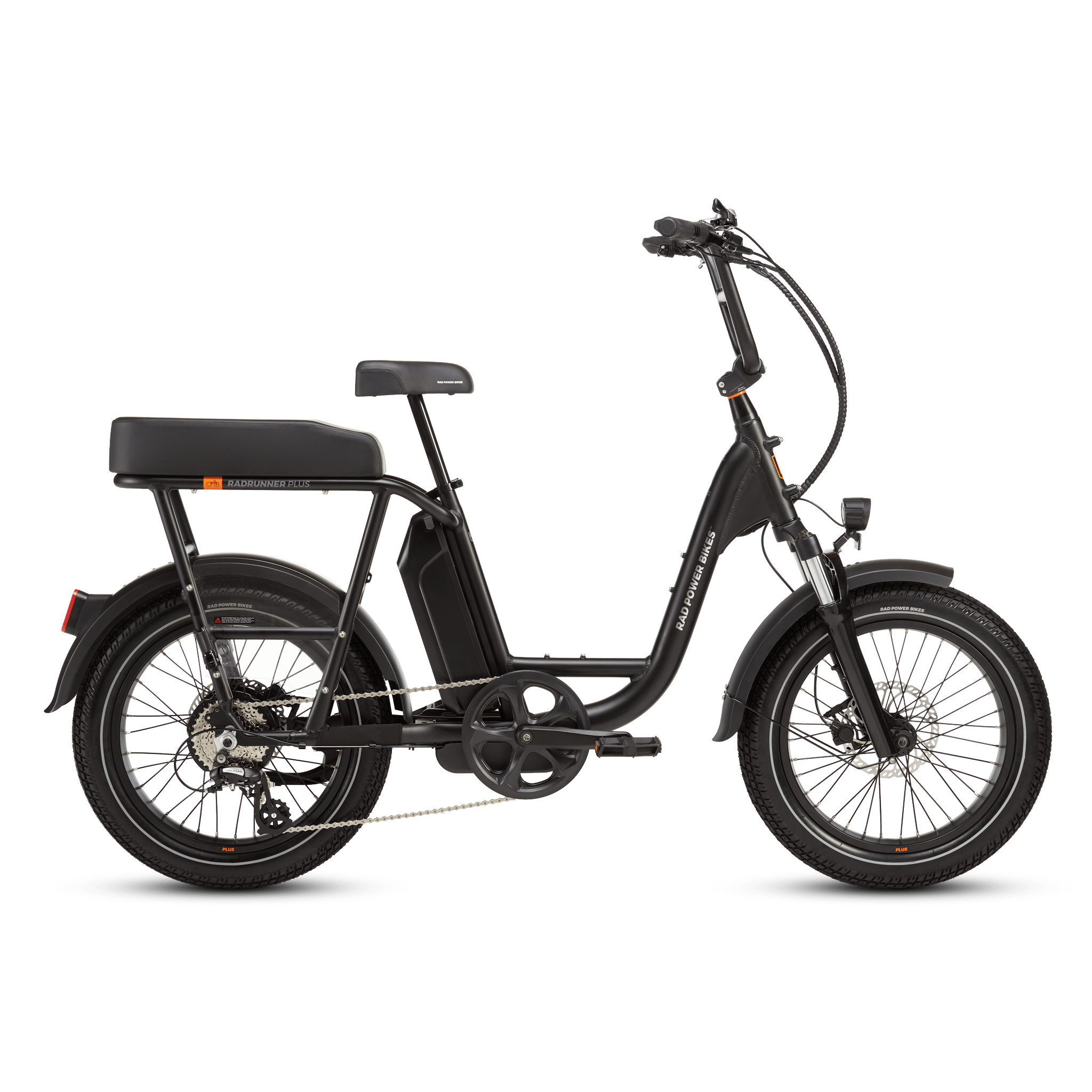 Right side of a matte black RadRunner cargo utility ebike on a white background.