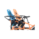 Close-up image of two Thule Yepp Maxi Child Seats, one orange, one blue, installed along with a Caboose on a RadWagon 4.
