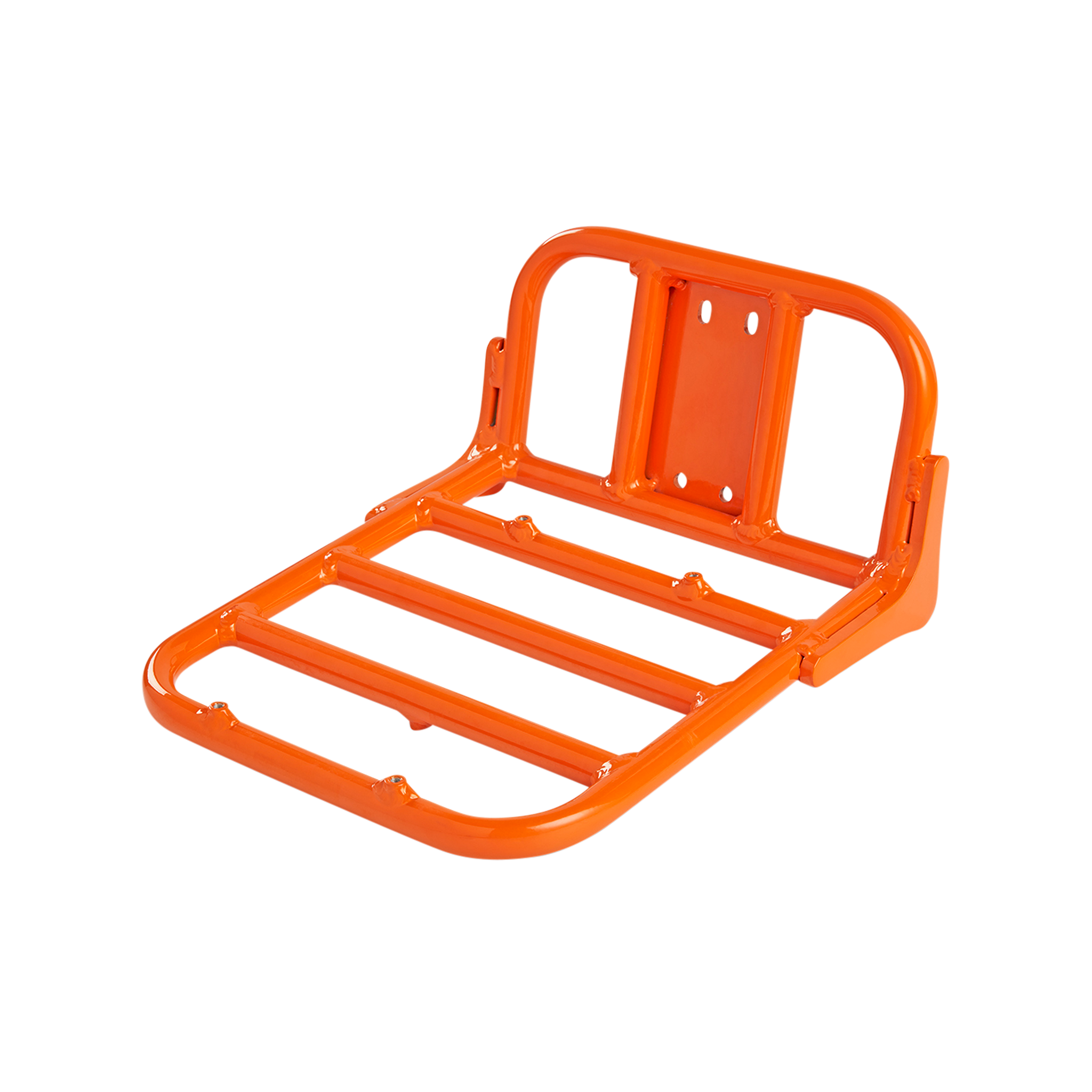 Close up view of orange, metal Front Rack for Rad ebikes.