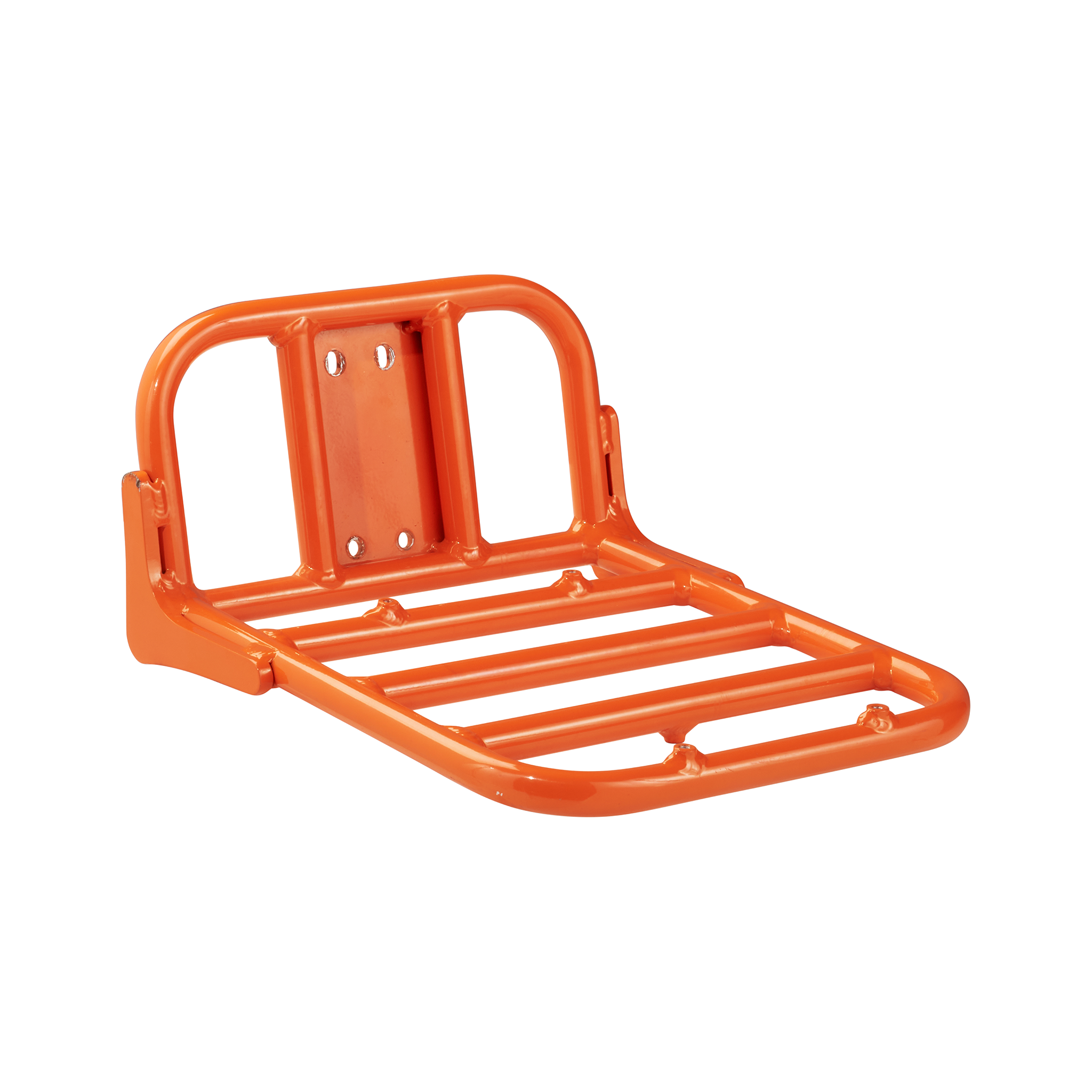 Close up view of orange, metal Front Rack for Rad ebikes.