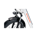 Close up of black RadMini Full Fender on front wheel of a white RadMini ebike.