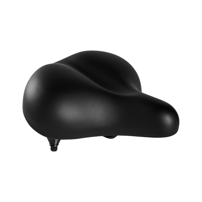 A close-up view of a matte black Enhanced Comfort Saddle, a wide and cushy bike saddle