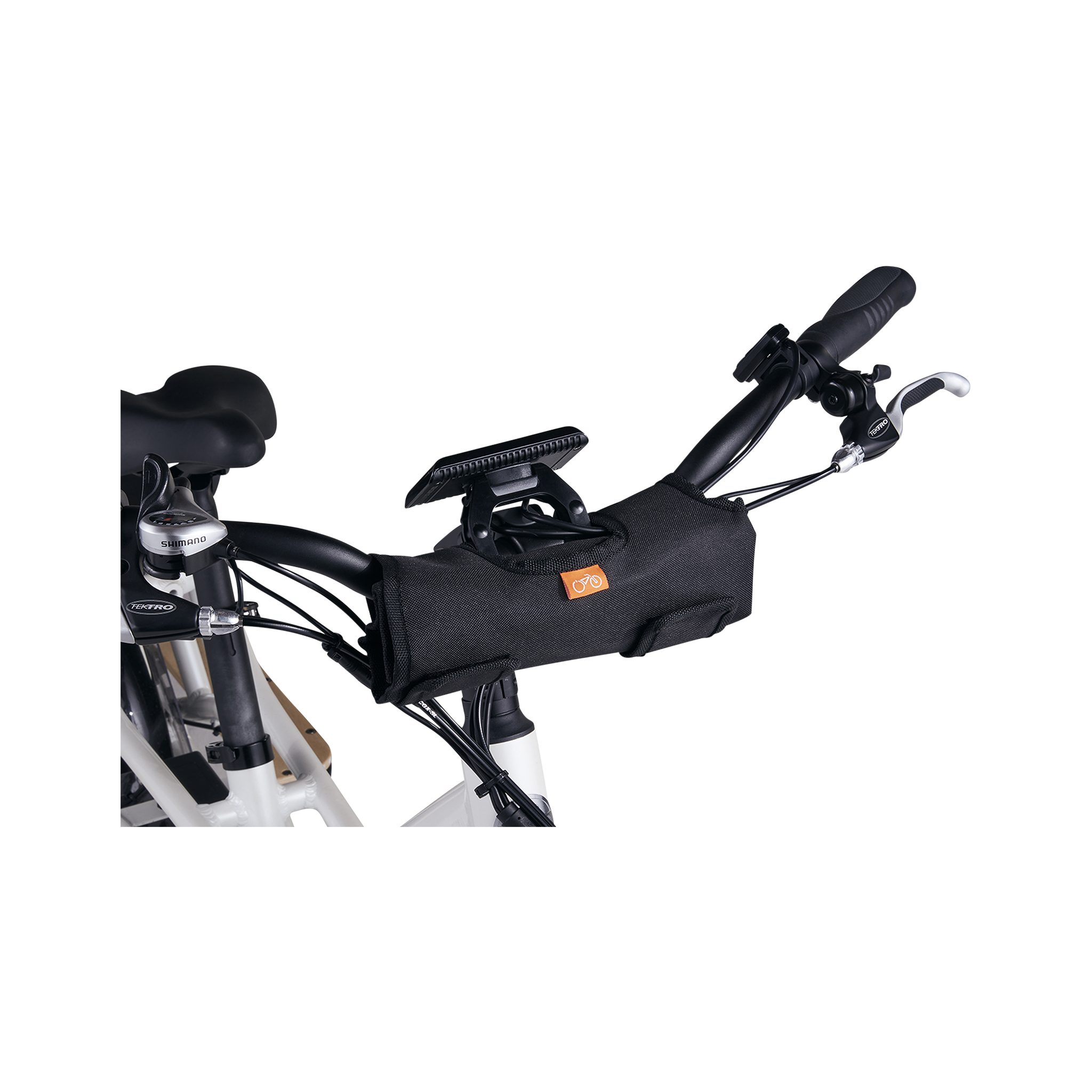Close-up of the Roadside Repair Tool Kit mounted on the handlebars of an ebike. 