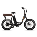 Side view of black RadRunner ebike with espresso Passenger Package seat on rear rack, clear plastic skirt covers near the rear wheel and retractable passenger foot pegs.