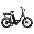 Side view of black RadRunner ebike with espresso Passenger Package seat on rear rack, clear plastic skirt covers near the rear wheel and retractable passenger foot pegs.