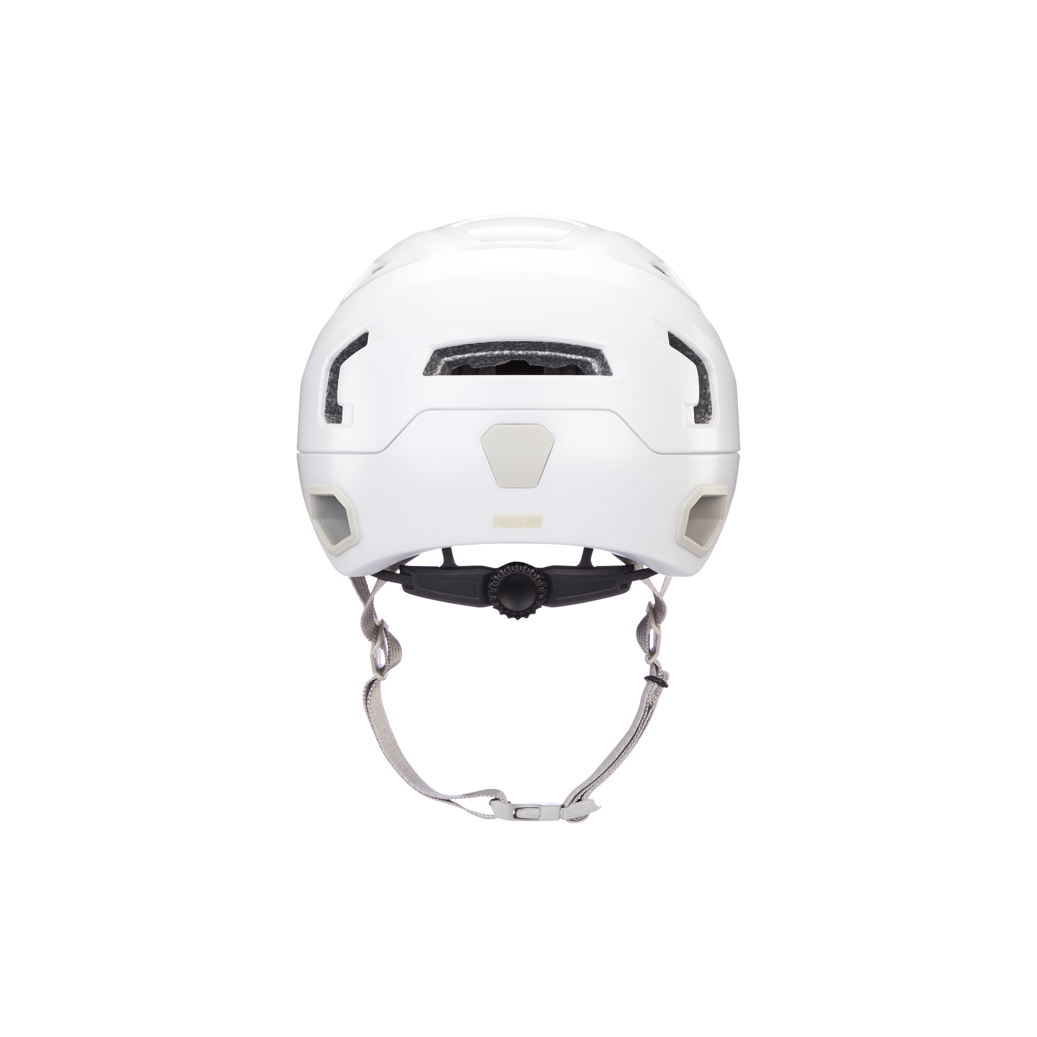Back view of a white Hudson MIPS bike helmet.