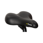 Close up of a black bike seat mounted on a seatpost (not included)