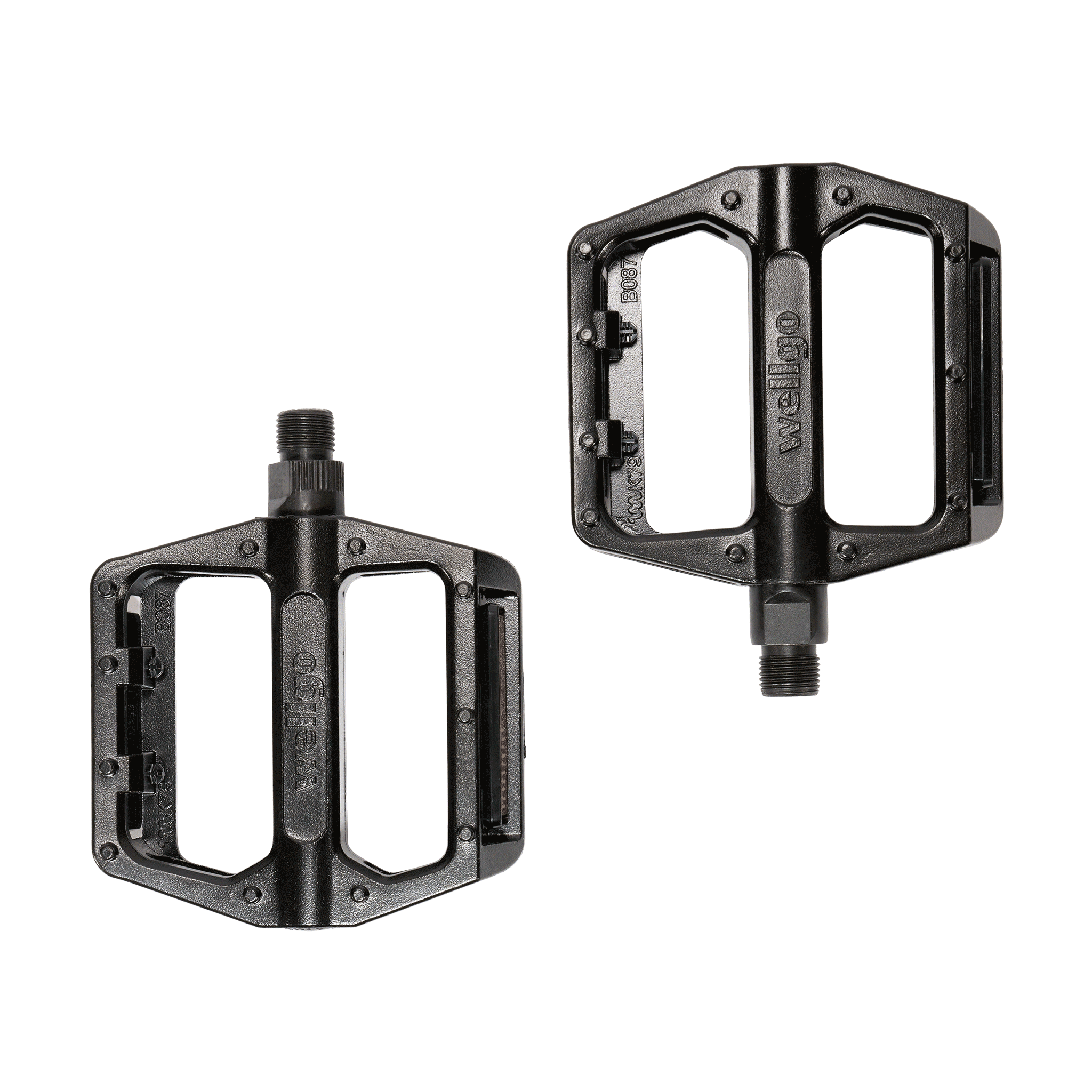 Black replacement pedals with Wellgo branding