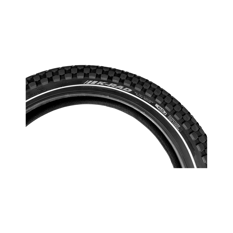 Close-up of Kenda K-Rad 20" x 3.3" ebike tire showing the tread.