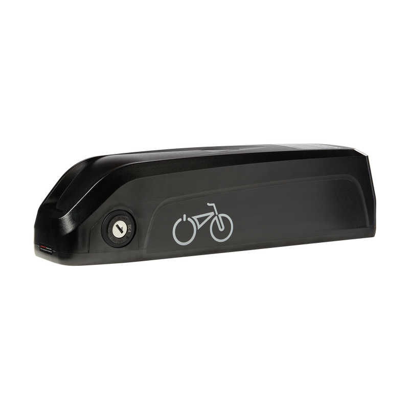 Rad electric bike battery, a long black component with a keyhole and the Rad Power Bikes logo.