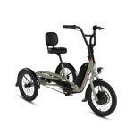 Angled side view of RadTrike electric tricycle showing rear platform, drivetrain and headlight.