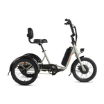 Side view of gray RadTrike electric tricycle with comfort saddle and adjustable handlebars.