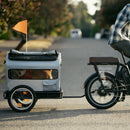 Rad Trailer attached to an electric bike with the pet insert attached and a cute dog inside the pet carrier.